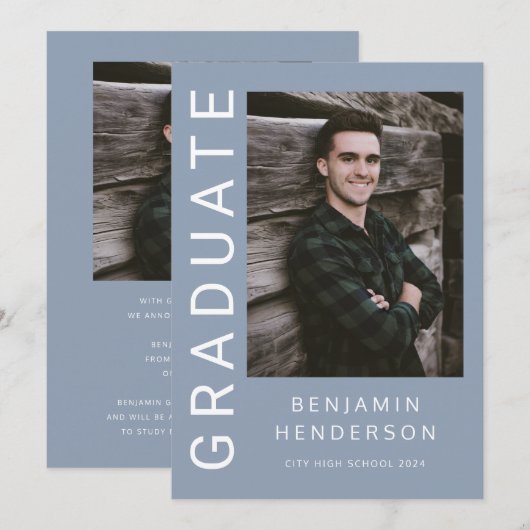 青モダン写真卒業 案内状 (正面/裏面)