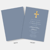 青モダン十字宗教少年ファースト・コミュニオン 招待状