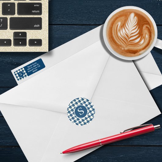 青モダン千鳥格子のと白モノグラム ラウンドシール