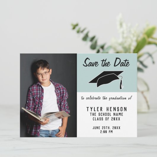 青モダン卒業写真を保存 案内状 (スタンド正面)