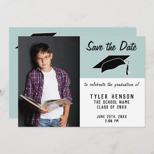 青モダン卒業写真を保存 案内状 (正面/裏面)