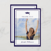 青モダン字エレガント卒業写真 サンキューカード (正面/裏面)