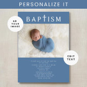 青モダン宗教十字写真少年バプテスマ 招待状