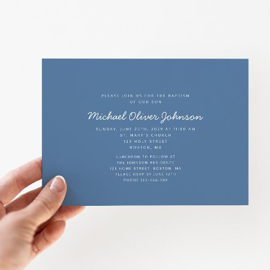 青モダン宗教十字写真少年バプテスマ 招待状