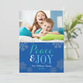 青モダン平和と喜びスノーフレーク写真 シーズンカード (スタンド正面)