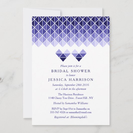 青モダン幾何ラブハートブライダルシャワー 招待状 (正面)