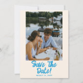 青モダン手引き明るいレトロ写真結婚 セーブザデート (正面)