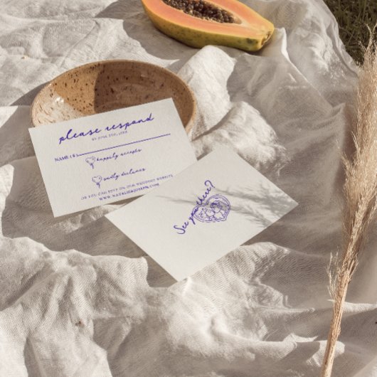 青モダン手描きレトロおもしろいファンキー結婚の 出欠カード