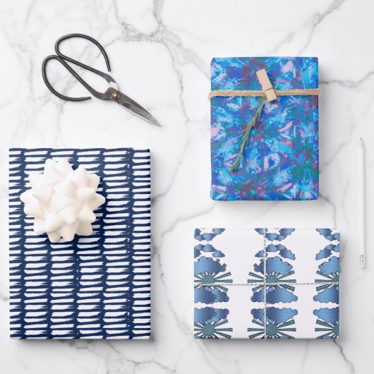 青モダン抽象芸術水色パターン ラッピングペーパーシート (正面)