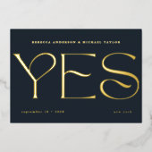 青モダン救ミニマルタイポグラフィ結婚の日付 箔招待状 (正面)