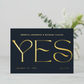 青モダン救ミニマルタイポグラフィ結婚の日付 箔招待状 (立ち正面)