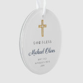 青モダン文字の宗教少年バプテスマ写真 オーナメント (正面)