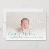 青モダン文字の誕生発表 案内状 (正面)