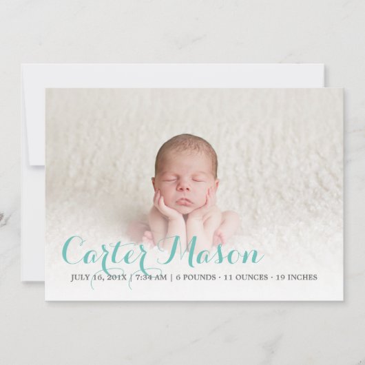 青モダン文字の誕生発表 案内状 (正面)