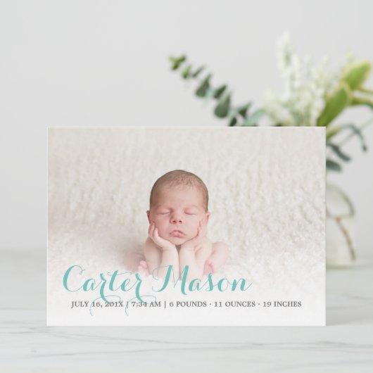 青モダン文字の誕生発表 案内状 (スタンド正面)