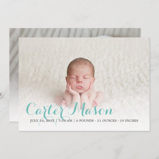 青モダン文字の誕生発表 案内状 (正面/裏面)