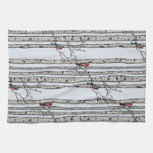 青モダン樺の木の木と赤(鳥)ショウジョウコウカンチョウの鳥 キッチンタオル (横)