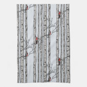 青モダン樺の木の木と赤(鳥)ショウジョウコウカンチョウの鳥 キッチンタオル (縦)