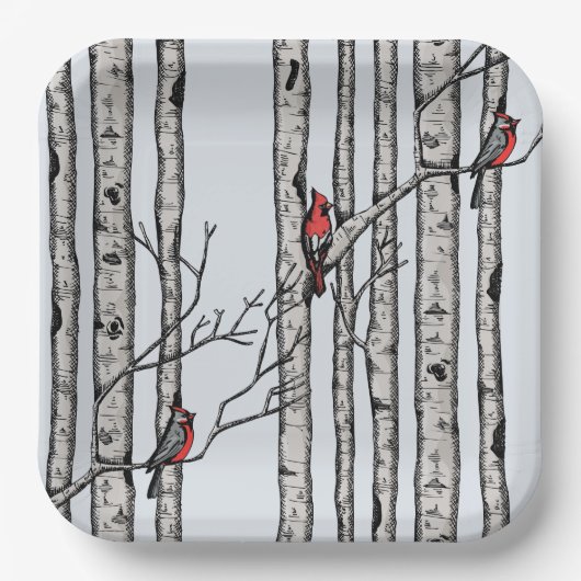 青モダン樺の木の木と赤（鳥）ショウジョウコウカンチョウの鳥 ペーパープレート (正面)