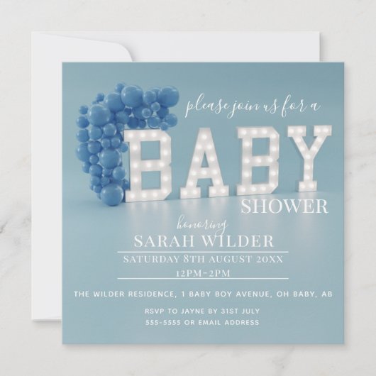 青モダン気球アーチ男の赤ちゃんシャワー 招待状 (正面)