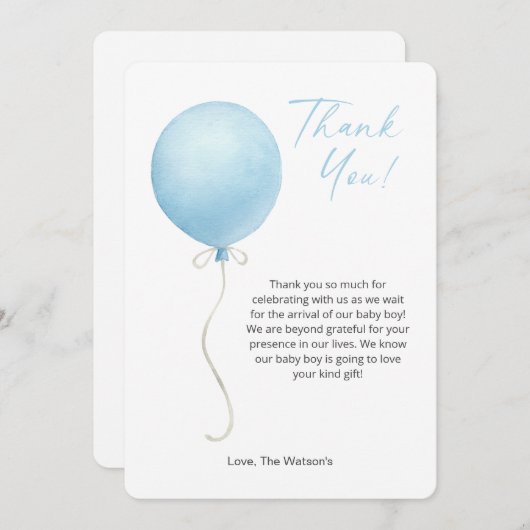 青モダン気球ベビーシャワーサンキューカード 招待状 (正面/裏面)