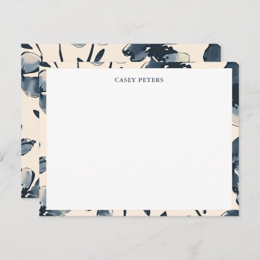 青モダン水彩花タイポグラフィ縁ど ノートカード (正面/裏面)