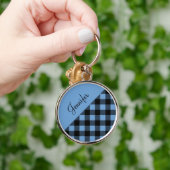 青モダン水牛のプレイドチェックパターン名 キーホルダー (手)