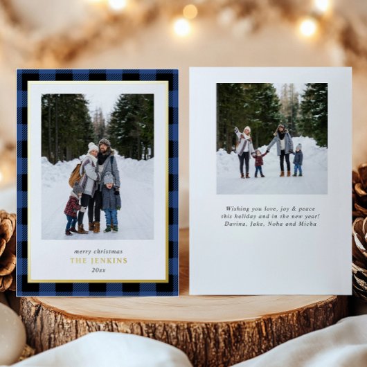 青モダン水牛プレイドクリスマスツーフォト 箔シーズンカード