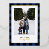 青モダン水牛プレイドクリスマスツーフォト 箔シーズンカード (正面)