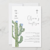 青モダン水色カクトゥスフローラクロスバプテスマ 招待状 (正面)