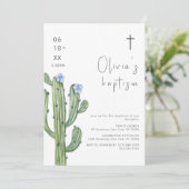青モダン水色カクトゥスフローラクロスバプテスマ 招待状 (スタンド正面)