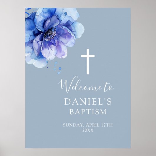青モダン水色フローラバプテスムウェルカムサイン ポスター (正面)