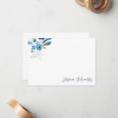 青モダン水色フローラパーソナライズされた名 ノートカード (正面/裏面インサイチュ)