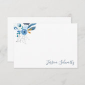 青モダン水色フローラパーソナライズされた名 ノートカード (正面/裏面)