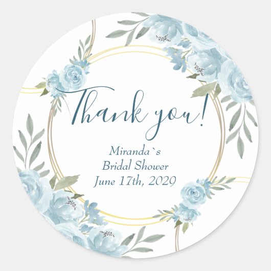 青モダン水色フローラブライダルシャワー ラウンドシール (正面)