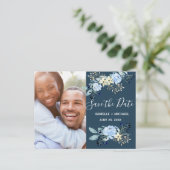 青モダン水色フローラ写真を保存 案内ポストカード (スタンド正面)