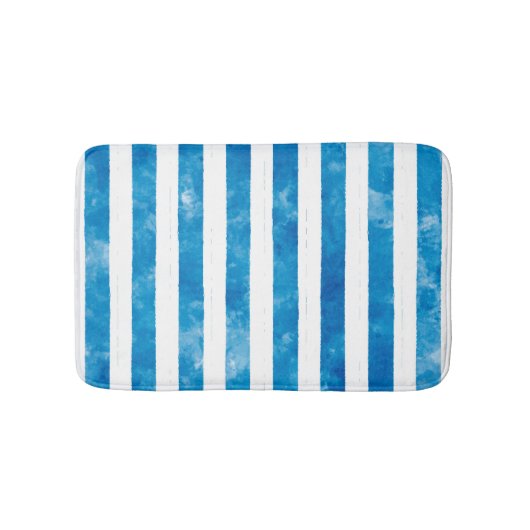 青モダン水色白ストライプの バスマット (正面)