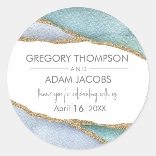 青モダン水色金ゴールドグリッター結婚式の引き出物 ラウンドシール (正面)