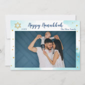 青モダン水色金ゴールドハッピーハヌカー写真 シーズンカード (正面)