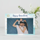 青モダン水色金ゴールドハッピーハヌカー写真 シーズンカード (スタンド正面)