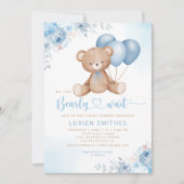 青モダン水色Bohoテディベア赤ちゃんシャワー 招待状 (正面)
