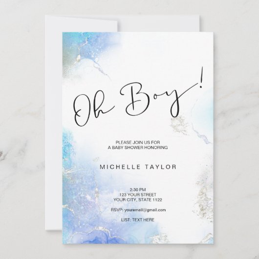 青モダン水色oh男の子の赤ちゃんシャワー 招待状 (正面)