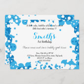 青モダン泡最初の誕生日 招待状 (正面/裏面)