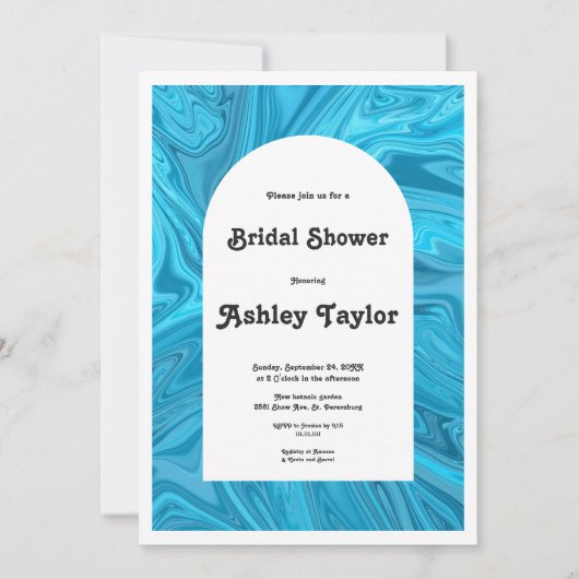 青モダン波スタイリッシュ抽象芸術ブライダルシャワー 招待状 (正面)