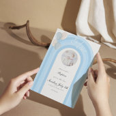 青モダン洗礼招待状と写カスタム真 招待状