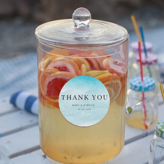 青モダン海ウォーター結婚カラーのthnak you ラウンドシール