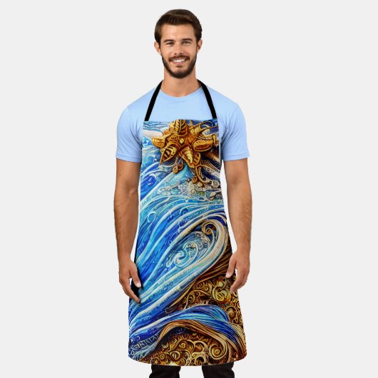 青モダン海波 エプロン (着用した状態)