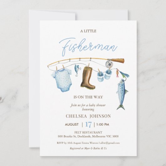 青モダン漁師魚釣りをテーマにした赤ちゃんシャワー 招待状 (正面)