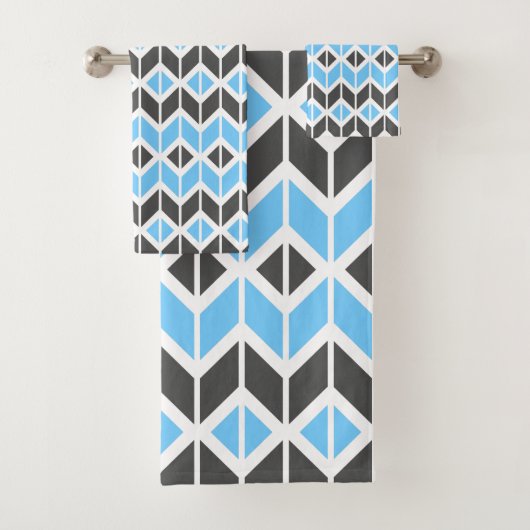 青モダン灰色ヘリンボーン幾何学模様 バスタオルセット (インサイチュ)