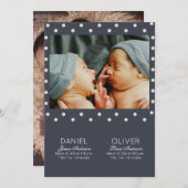 青モダン点パターン誕生発表双子 招待状 (正面/裏面)